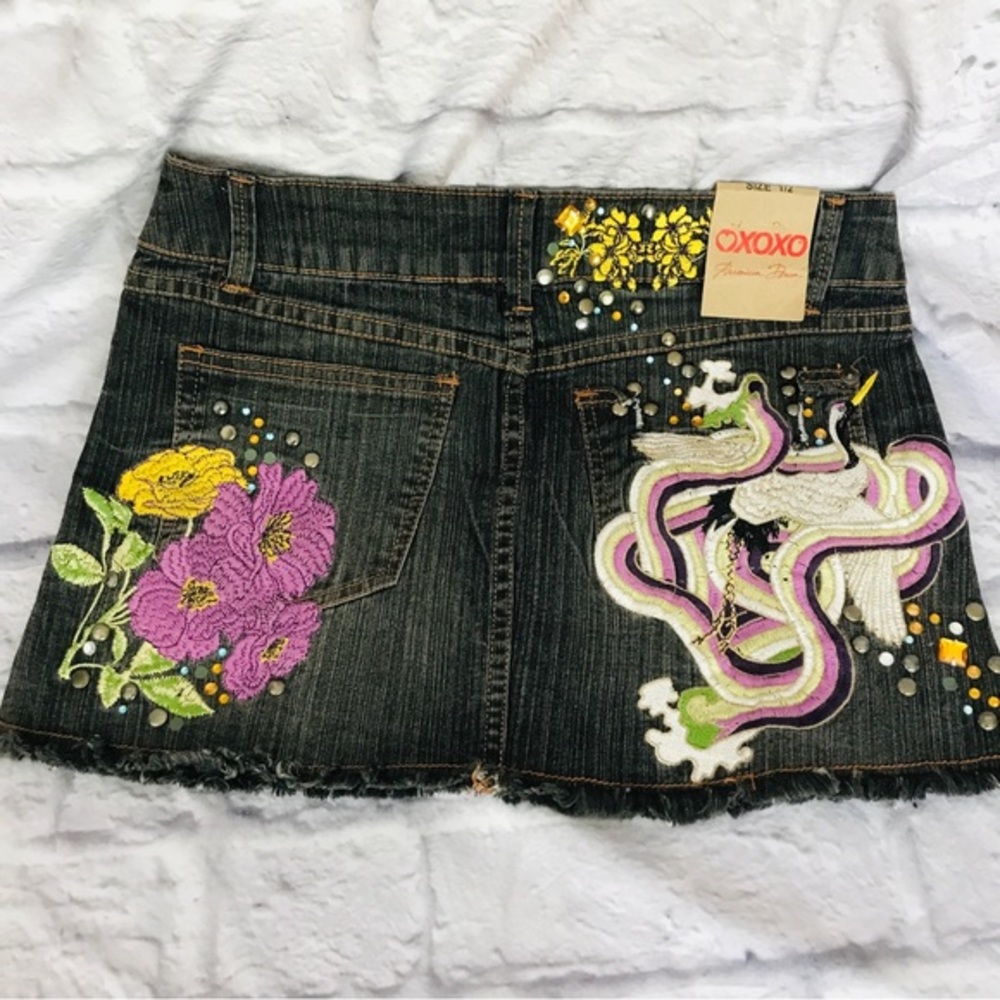 Vintage NWT XOXO Embroidered Denim Mini Circa-2000’s Spirit Bird Embroidery - Picture 2 of 13